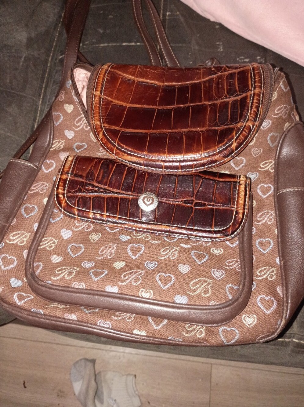 Brown Croc-Accent Shoulder Bag with Heart Pattern